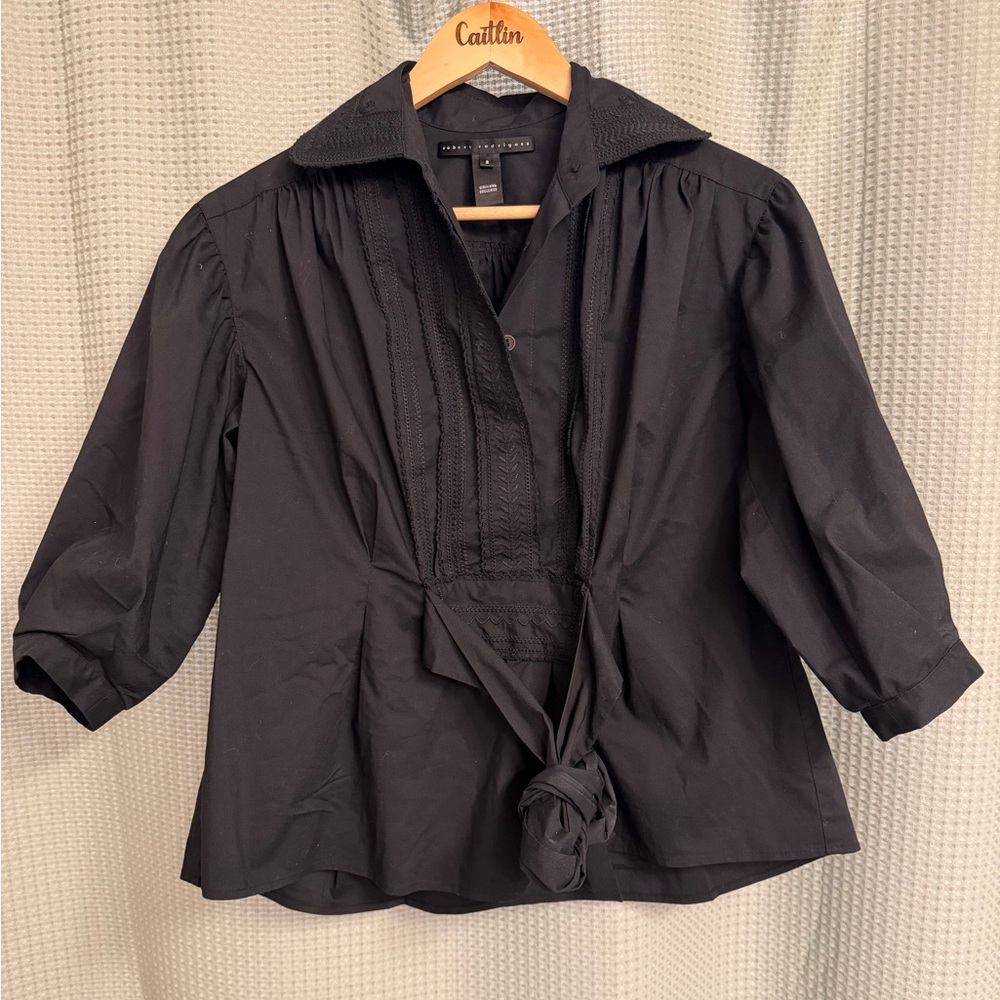Black Puff Sleeve Button-Front Top with Tie